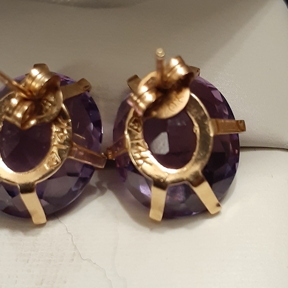 14K YELLOW GOLD AMETHYST OVAL SOLITAIRE STUD EARRINGS NEW - Picture 7 of 8